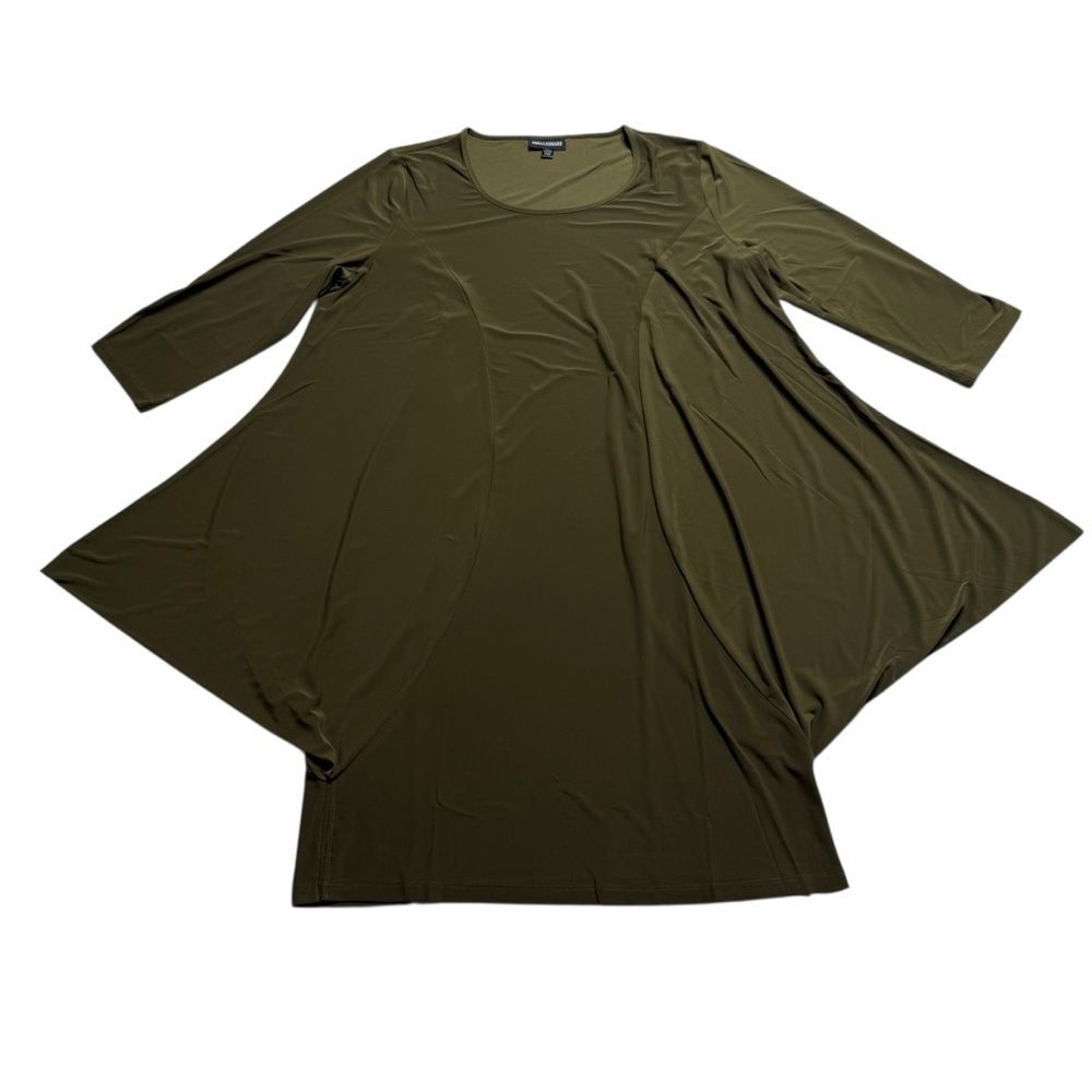 Nina Leonard Dark Olive Artsy Lagenlook Stretch Asymmetrical Hem Dress Sz 2XP